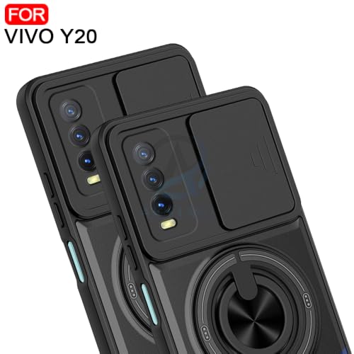 Image of AESTMO Vivo Y12s / Y20 / Y20i Back Cover | Armor Camera Slider 360 Degree Rotating Finger Ring Holder Case with Bracket Stand Back Case Cover (Compatible with MagSafe Accessories) (Black)