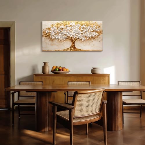 crmotu Tree of Life Large Wall Art, Blooming Flower Tree Art Prints, White Gold Abstract Landscape Paintings, Modern Trendy Home Wall Decor Living Room Bedroom Above Bed Canvas Pictures 24x48 Inch