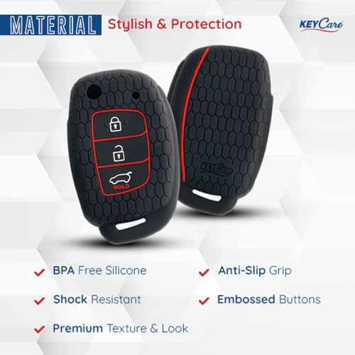 Image of Keycare Silicone Key Cover Compatible for Venue, Aura, Elite i20, Active i20, Xcent 3 Button flip Key with KC Mini Red Keyring (KC10 Red with KCMiniKeyring)