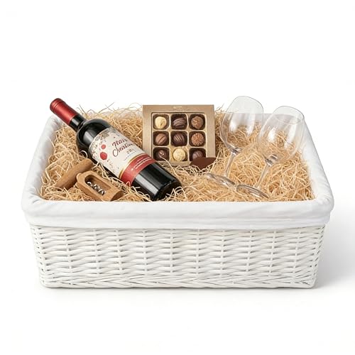 Image of H-LINE Wicker Willow Storage Basket with Cloth Lining Ideal for Christmas/Easter/Newborn Gift Hamper, Make Your Own Hamper (White, Large)