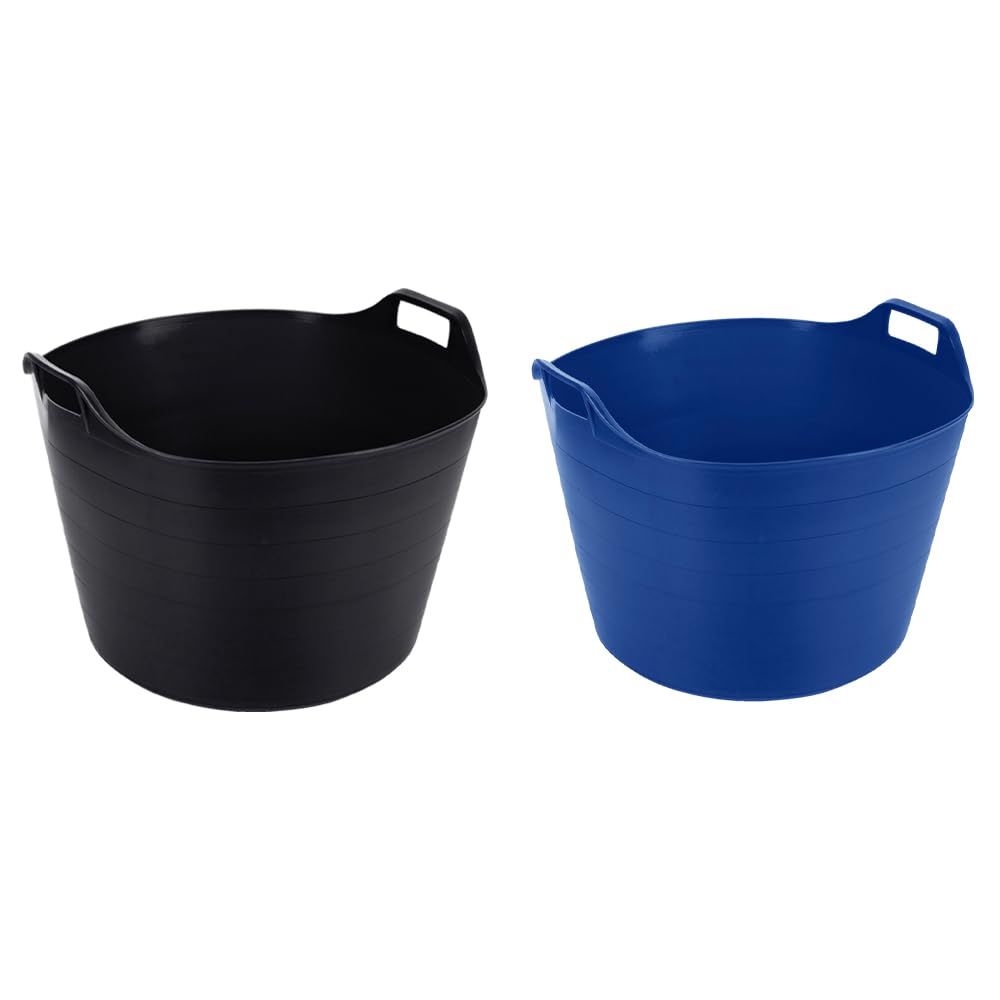 (Set of 2) 75L Litre Blue And Sky Blue Robust Versatile Extra Large Flexi Tub Garden Home Flexible Plastic Storage Container Bucket Trugs Horse Feeder Flex Tub- MADE IN UK (Black + Blue)
