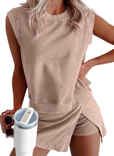 KevaMolly Womens Travel Outfits Summer Lounge Set 2 Pieces Mineral Wash Cotton Tank Top Lined Split Athletic Skirt Set Smoke Gray M