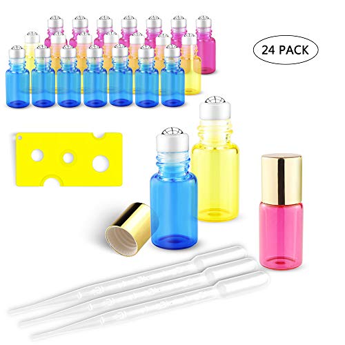 Essential Oil Roller Bottles - 24 Pack 3ml Colored Glass Roller Bottles with Stainless Steel Roller Balls By Seafulee,Bottle Opener and Droppers Included