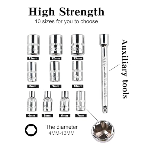 Egofine 12pcs 1/4 Inch Ratchet Socket Wrench Set, Drive Socket Set with 10 Sockets 4-13mm and 2 Way Quick Released Ratchet Handle and Extension Bar 5 Egofine 12pcs 1/4 Inch Ratchet Socket Wrench Set, Drive Socket Set with 10 Sockets 4-13mm and 2 Way Quick Released Ratchet Handle and Extension Bar - Image 5