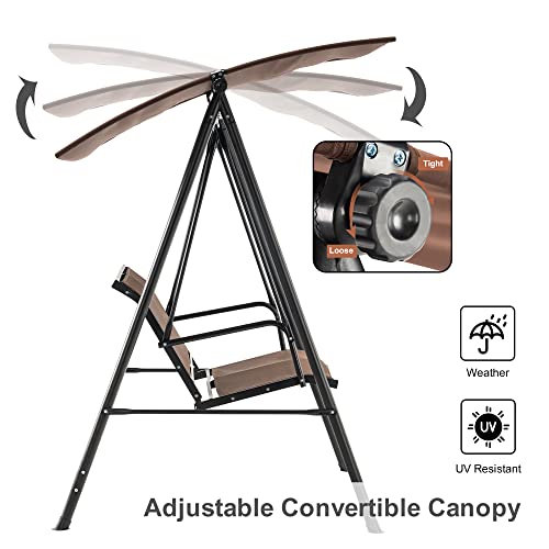 Mcombo 2-Person Patio Swing Chair With Adjustable Canopy Outdoor, Steel Frame Breathable Seats Hanging Porch Swing, 4001 (Brown) #TOP2