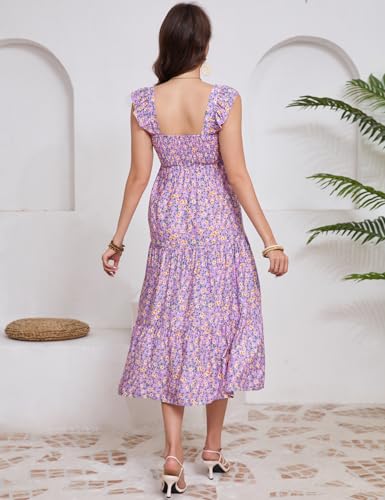 Image of KOJOOIN Womens Maternity Dress Summer Sleeveless Smocked Square Neck Ruffle Casual Boho Midi Dress Baby Shower Photoshoot