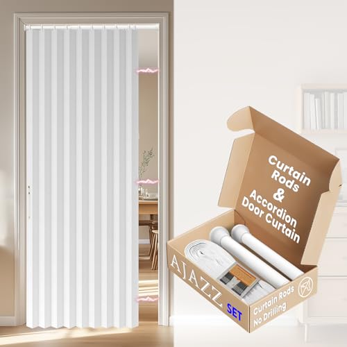 Image of AJAZZ Blackout Magnetic Door Curtain with Curtain Rods 39-52 in Length Accordion Door Closet Door Curtain Invisible Applicable Bedroom Room Living Room Doorway (1 Panel, 54 W x 78 L, White)