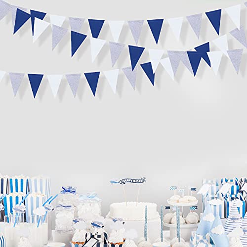 Image of 30 Ft Navy Blue White and Silver Party Decorations Royal Blue Triangle Flag Pennant Banner Bunting for Graduation Birthday Wedding Bridal Shower Nautical Ahoy Achor Theme Party Decorations Supplies