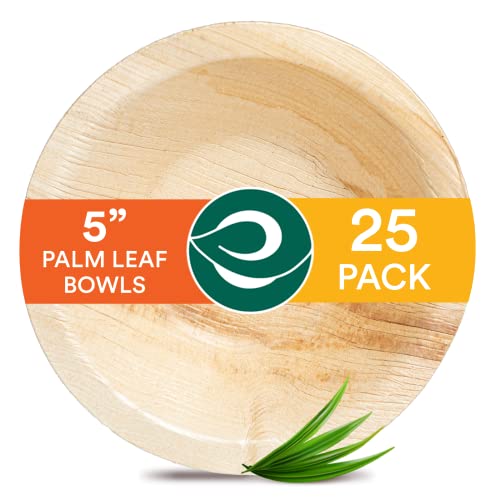 ECO SOUL [5 inch, 25 Pack Areca Palm Leaf Disposable Bowls | Like Wooden Bamboo | Eco Friendly, Biodegradable, Use and Throw Small Dona | for Serving Pasta, Soup & Snacks | Birthday, Wedding & Party