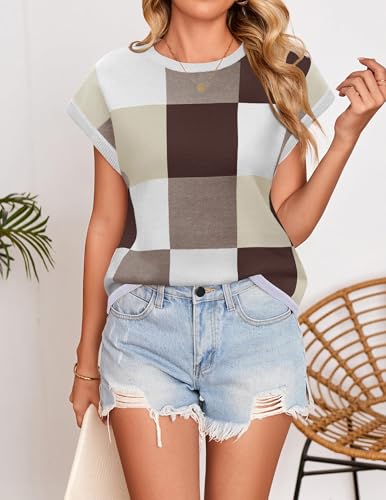 Image of ZESICA Women's Summer Trendy Knit Top 2026 Floral Print Short Sleeve Crewneck Loose Fit Sweater Vest Going Out Clothes