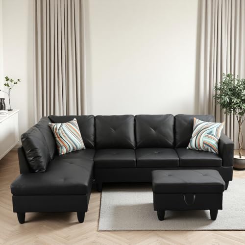 L Shaped Couches for Living Room, Leather Sectional Couch Living Room Furniture with Storage Ottoman, Modular Sectional Sofa with Movable Chaise for Apartment Office, Black - Image 4