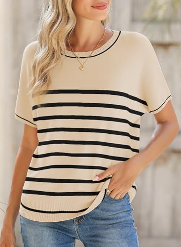 Image of SHEWIN Womens Tops Trendy Short Sleeve Shirts Crewneck Lightweight Knit Sweater Top Business Casual Outfits