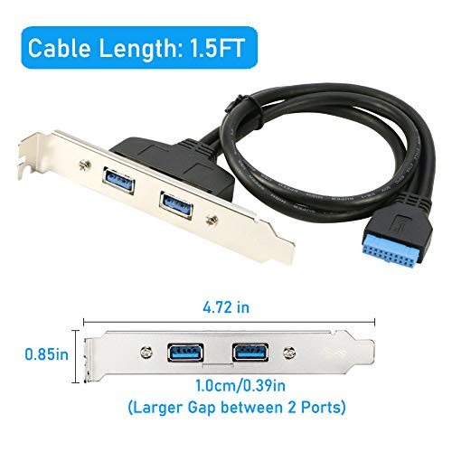 Image of RIITOP USB 3.0 Back Panel Expansion Bracket to 20-pin Header Cable Converter Adapter 2-port in Black 1.5 Feet