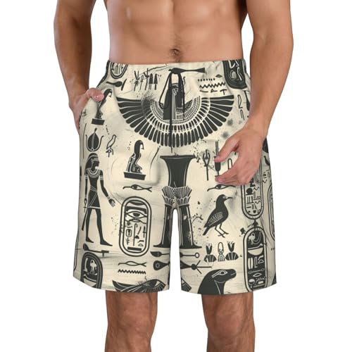 Men's Quick Dry Swim Shorts Egyptian Hieroglyphs Mystical Scarab Pharaoh Vintage Beach Trunks with Pockets