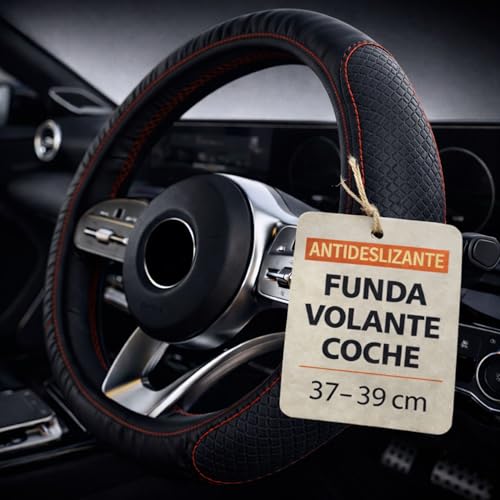 CAELLUMA Funda Volante Coche Universal 37-39 Centímetros de Cuero Sintético Antideslizante · Fácil de Instalar · Compatible con Airbag · Resistente al Sol y al Uso Diario (Costura Roja)