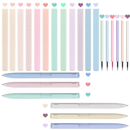 24Pcs Aesthetic Highlighters and Gel Pens, BetterJonny 12 Colors Pastel Colors Bible Highlighters No Bleed,6Pcs Colorful Ink Gel Pens with 6Pcs Pen Refills for Planner Journal,Annotating and Painting