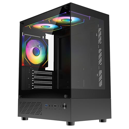 CiT Celsius mATX Gaming PC Case – Panoramic Dual Tempered Glass - Including 3 x 120mm Infinity ARGB Fans, 6-Port PWM Hub - AIO Liquid Cooling Support - USB 3.0, USB 2.0, HD Audio | Black