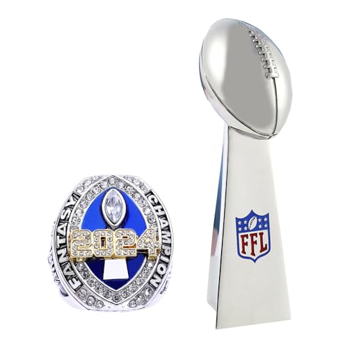 Noblehead 2024 Fantasy Football Championship Ring With Trophy | Heavy FFL Champion Ring | Gold Silver Tone Plated Award for League Winner (Size 11)
