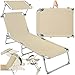 tectake® Sonnenliege mit Dach, Strandliege klappbar, leichte Gartenliege, Outdoor Liegestuhl mit Verstellbarer Rückenlehne, inkl. Kopfkissen - ideal für Balkon, Terrasse, Camping, Strand - beige