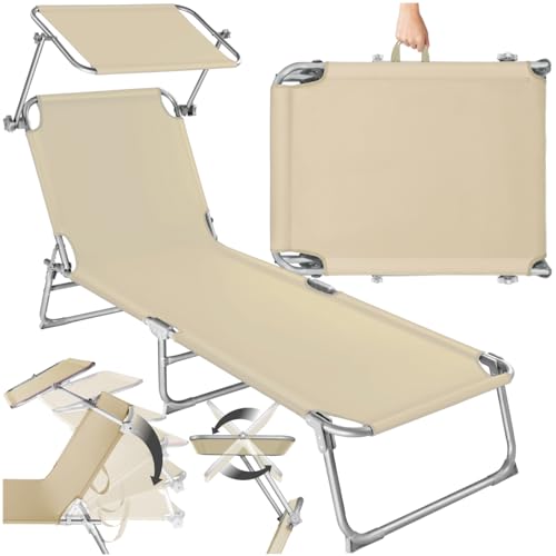 tectake® Sonnenliege mit Dach, Strandliege klappbar, leichte Gartenliege, Outdoor Liegestuhl mit Verstellbarer Rückenlehne, inkl. Kopfkissen - ideal für Balkon, Terrasse, Camping, Strand - beige