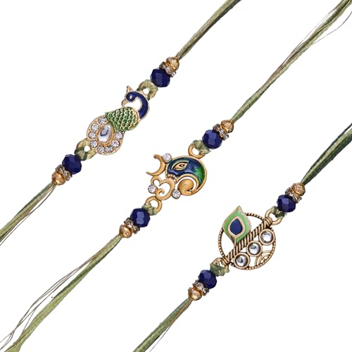 Image of eCraftIndia White Red Golden Set of 3 Pearl Rakhi for Brother with Roli Chawal Pack