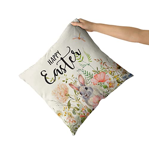 Giwawa Happy Easter Throw Pillow Covers, Spring Flower Bunny Rabbit Printed Decorative Pillow Case 18 X 18 Inch Set Of 2 Cushion Cover Zippered Square Farmhouse Decoration #TOP2