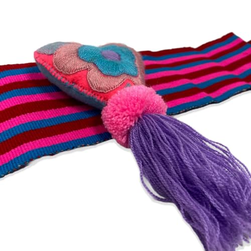 Mexican Embroidered Belt with Striped Pattern, Heart Applique and Purple Tassel, Traditional Handmade Sash3