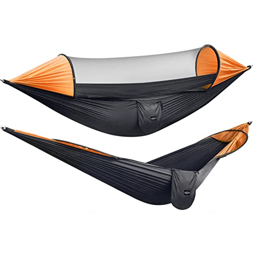 G4Free Large Camping Hammock with Mosquito Net 2 Person Pop-up Parachute Lightweight Hanging Hammocks Tree Straps Swing Bed for Outdoor Backpacking Backyard Hiking (Black/Orange)