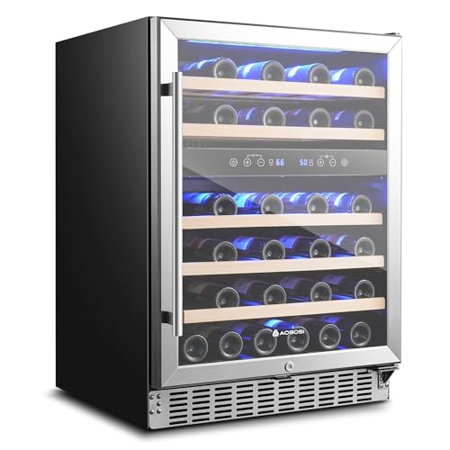 Image of AAOBOSI Upgraded 24 Inch Wine Fridge, 48Bottles Wine Cooler with Dual Zone, Freestanding and Built-in Wine Refrigerator with Adjustable Shelves and Safety Lock, Double-Layer Glass Door, LED Light