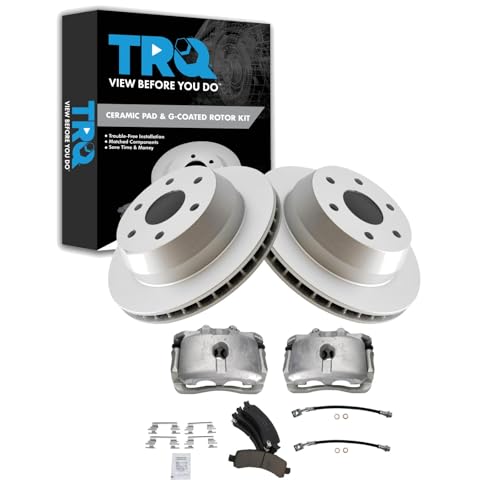 Image of TRQ Rear Brake Pad and Rotor Set Ceramic G Coated Rotors Calipers Compatible with 2002-2006 Cadillac Escalade Chevrolet Avalanche 1500 Suburban 1500 Tahoe GMC Yukon 2003-2006 Yukon XL 1500