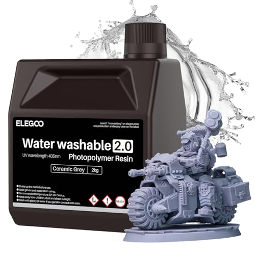 ELEGOO Water Washable 3D Printer Resin 2.0 405nm UV-Curing 3D Resin with Lower Viscosity Higher Toughness Compatible with Saturn Mars Jupiter MSLA DLP LCD 3D Printers Ceramic Grey 2000g