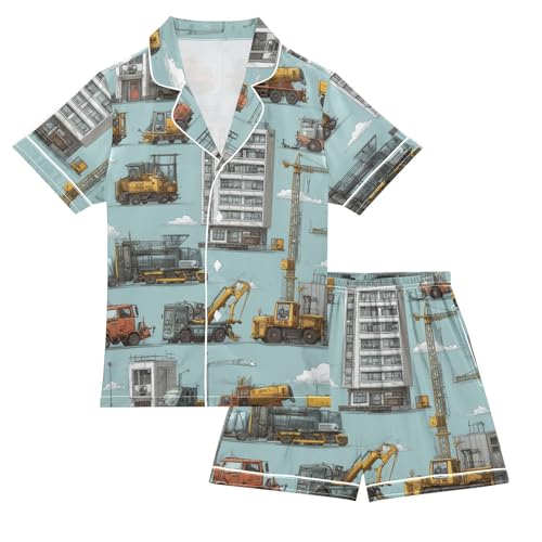 Satin Pajama Sets Short Sleeve Construction Vehicles and Buildings Button Down Silky Nightwear 2 Piece PJS 5-14Y