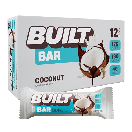 Built Bar, Protein Bars, 17g Protein Snacks, On-The-Go Bars with only 130 Calories & 4g Sugar, Coconut, 12 Count