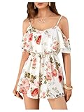 Verdusa Women's V Neck High Waist Cami Jumpsuit Floral Print Cold Shoulder Boho Romper Multicolor Medium
