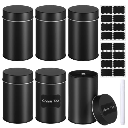Tideme 6 PCS Tea Tin Canisters, Metal Tea Canister Round Tin Cans, Airtight Lid Double Sealed Tea Canisters with 1 Erasable Chalk Marker and 16 Stickers for Tea Name Marking Info