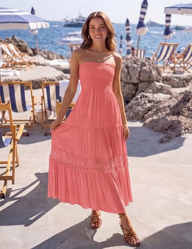 Image of ZESICA Women's 2026 Summer Boho Maxi Dresses Strapless Off Shoulder Lace Flowy A Line Beach Vacation Long Sundress