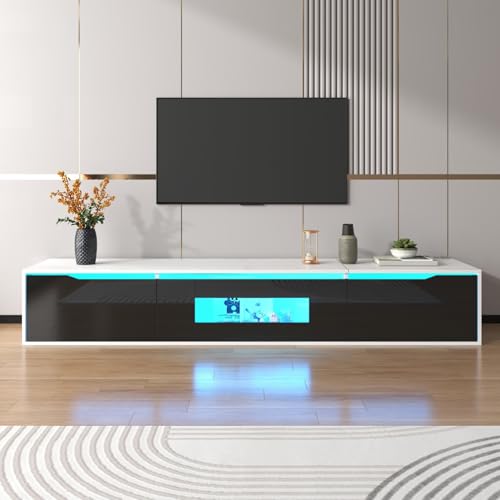 PUGSDRLY Meuble TV Bas avec 3 Compartiments de Rangement,Meuble TV Moderne avec lumière LED changeant de Couleur,180x35x30cm (Noir+Blanc,Trou carré)