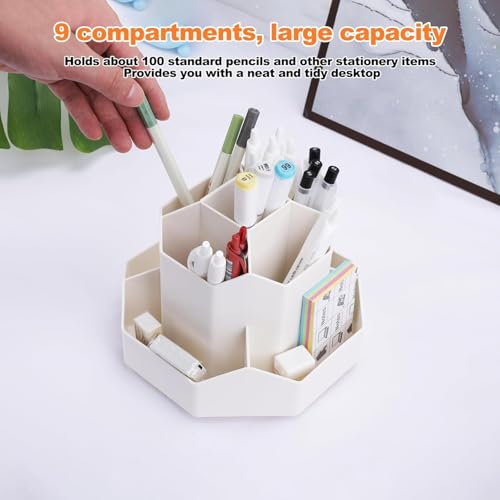 Image of Rotating Desk Organizer Pen Pencil Holder with 9 Slot 360 Desktop Organizer for Office Supplies Stationery Staplers Clips Sticky Notes Remote Mobile Holder Visiting Card (White)