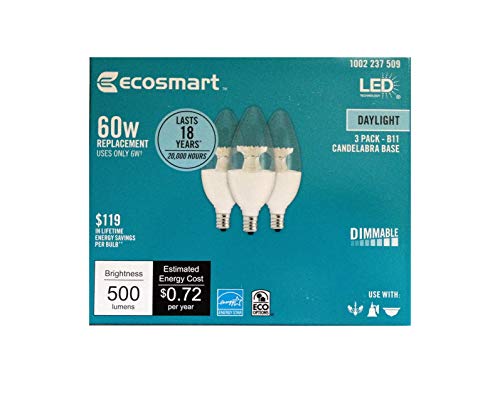 3-Pack Ecosmart 60 Watt Equivelent LED Dimmable Candelabra Daylight Uses 6 Watts Daylight
