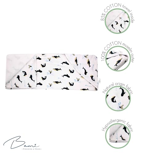 Image of BAMI Baby Hooded Bath Towel - Printed 100% Cotton Muslin Front & Soft Cotton Towel Back - Dual-Layer, Ultra-Absorbent, Gentle for Newborns, Infants & Toddlers