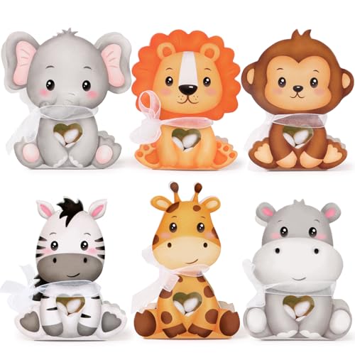 BETESSIN Cajas Chuches Animales de Selva, 24pcs Cajitas 7x4x10cm de 6 Modelos, Caja Pequeña Regalo Detalle Dulce de Cumpleaños Baby Shower Nacimiento Bautizo para Niños