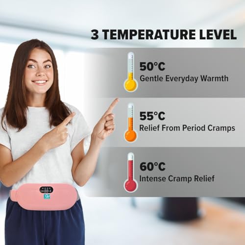 Image of Q Devices Menstrual Heating Pad for Period Cramps Relief - Cordless Electric Stomach & Back Pain Massage Belt with 3 Heat Levels, 4 Vibration Modes, Portable Wearable Design for Women (Pink)