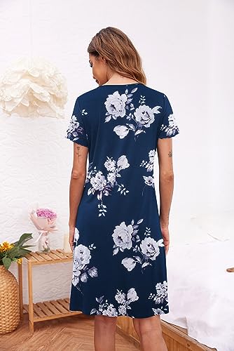 Image of Ekouaer Women's Nightshirt Short Sleeve Button Down Nightgown V-Neck Sleepwear Pajama Dress
