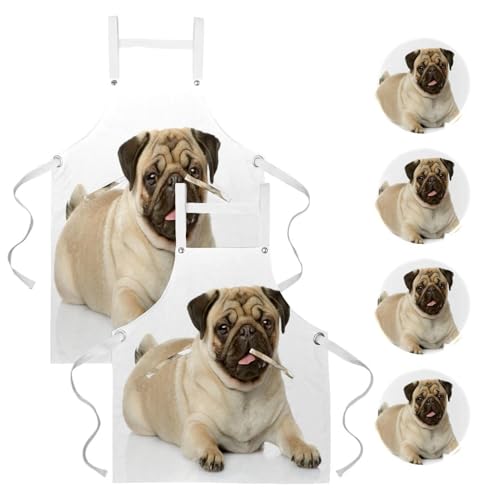 Lot de 2 tabliers multicolores à motif chiot avec 4 broches pour la cuisine et le bistrot