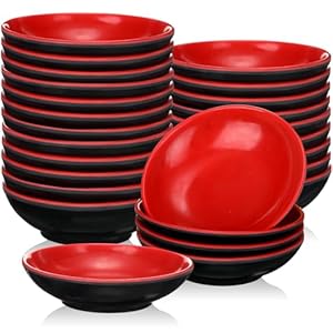 Hushee 25 Pcs Dipping Bowls Soy Sauce Dishes Dipping Sauce Cups Serving Plate Set Black Red Side Small Dish Pinch Bowls for Condiment, Soy, BBQ, Desserts(Round)
