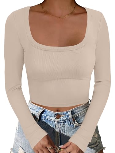 ANRABESS Women's Long Sleeve Square Neck Crop Top Ribbed Slim Fit...