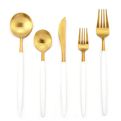 DEACORY Flatware White and Matte Gold Silverware Set 18/10 Stainless Steel Cutlery Set Luxury 5 Piece Set Wedding Event Restaurant Use Service for 1