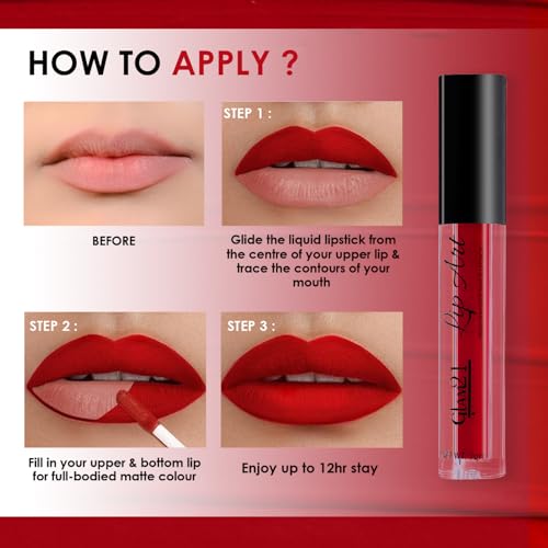 Image of Glam21 Lip Art Non-Transfer Matte Liquid Lipstick | Lightweight, Long-Lasting | Waterproof & Smudge-Proof Lip Colour | Intense Pigment | 3gm -Lip Red-02