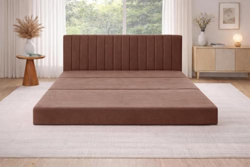 Image of Rosebell -3 Seater Upholstered Armless Sofa Cum Bed with Backrest | Velvet Fabric Finish | Modern Living Room & Bedroom -Brown