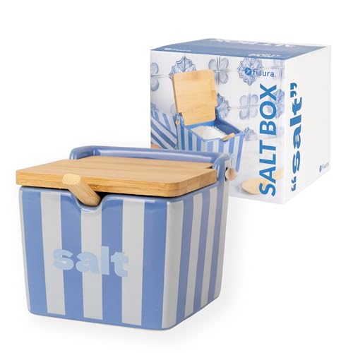 Fisura – Salière originale bleue avec couvercle “salt”. Grand pot carré en céramique avec couvercle en bois et cuillère. Pour sel, sucre ou épices. 10 x 10 x 9 cm.